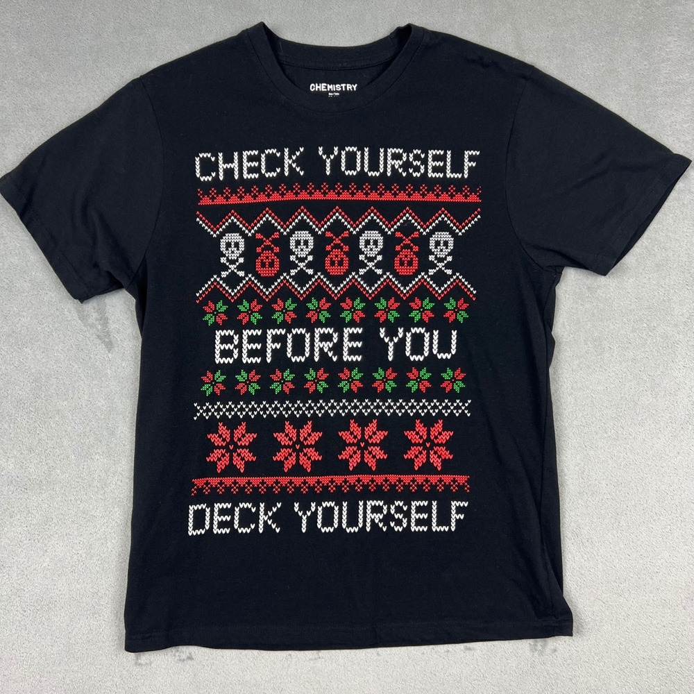 Chemistry Mens Black Check Yourself Before You Deck Yourself Holiday T-Shirt M